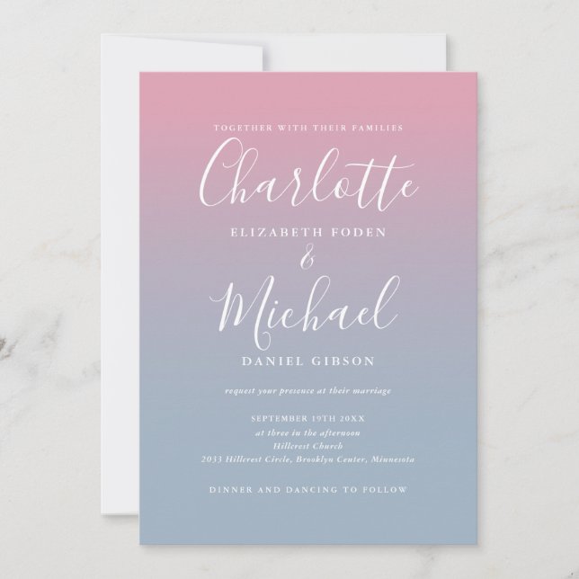 Invitation Ombre Rose Et Bleu Dusté Tout En Un Mariage (Devant)