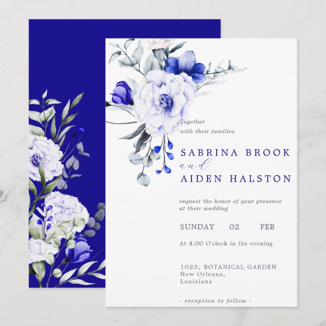 Invitation Ombre Royal Blue Ivory Floral Mariage (Devant / Derrière)