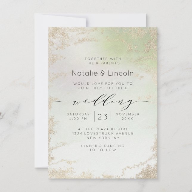 Invitation Ombre Spring Green Gold Foil Frost Mariage tendanc (Devant)