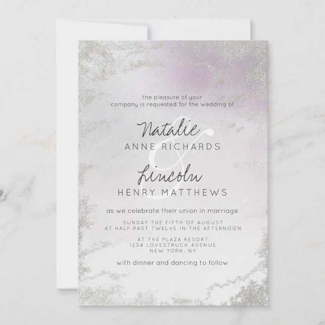 Invitation Ombre Violet Clair Argent Pailleté Mariage Givré (Devant)