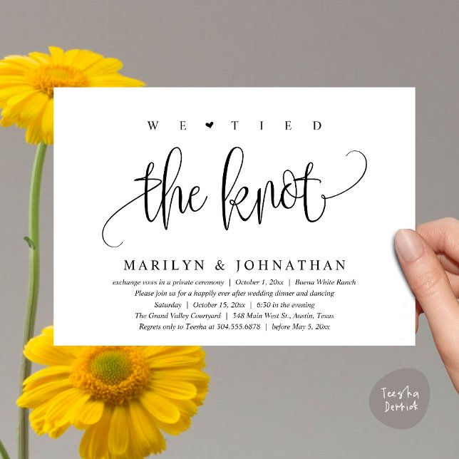 Invitation On A Fait Le Knot, Mariage Elopement Dinner Party (We Tied The Knot, Modern Wedding Elopement Dinner Party Invitation Card PDF Classy Black White)