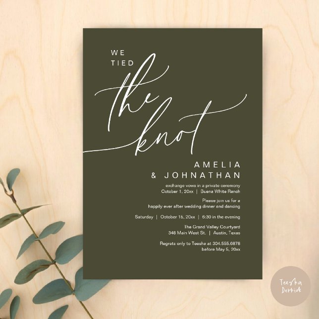 Invitation On a noué le noeud, Romantic Mariage Dinner Party (We tied the knot, Romantic Wedding Dinner Lunch Brunch Party Reception Invites Card PDF Olive Green)