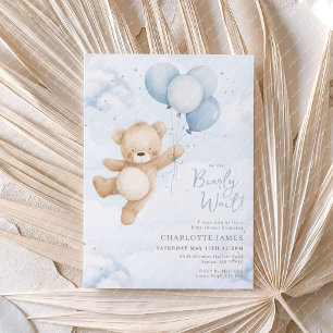 Invitation On peut attendre ! Baby shower Bear Blue Balloon