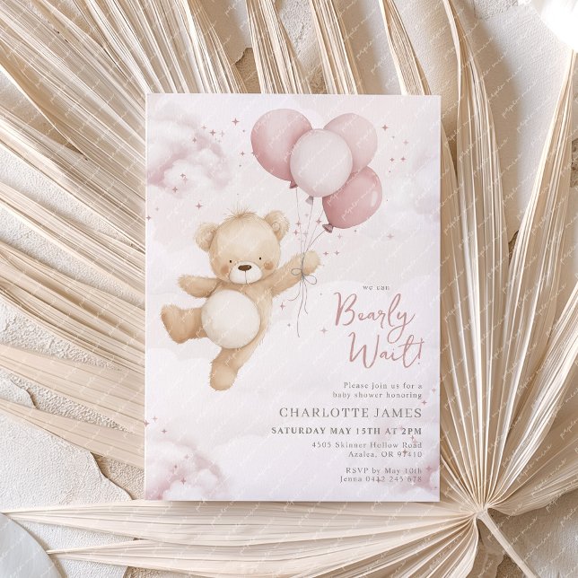 Invitation On peut attendre ! Baby shower Bear Pink Balloon (We can Bearly Wait! Baby Shower invitation with bear and pink balloons)