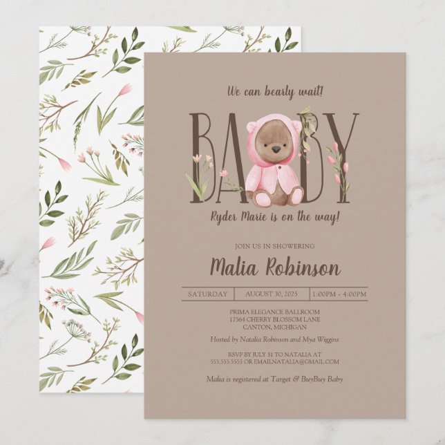 Invitation On Peut Attendre ! Baby shower d'ours en peluche r (Devant / Derrière)