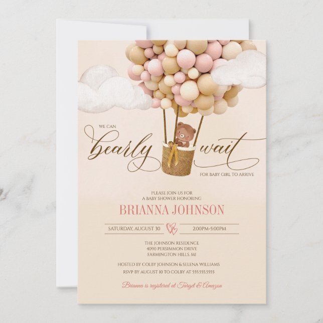 Invitation On Peut Attendre, Baby shower Fille Ballons D'Air (Devant)