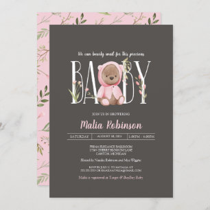 Invitation On Peut Attendre ! Baby shower fille ours en peluc