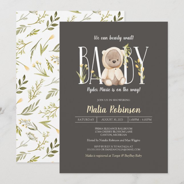 Invitation On Peut Attendre ! Baby shower Jaune Ours Teddy (Devant / Derrière)