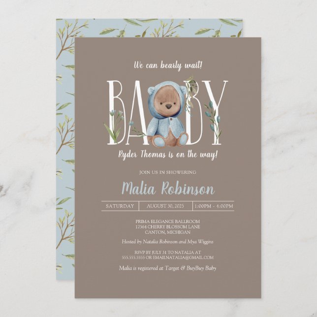 Invitation On Peut Attendre ! Baby shower Ours Bleu Teddy Dan (Devant / Derrière)
