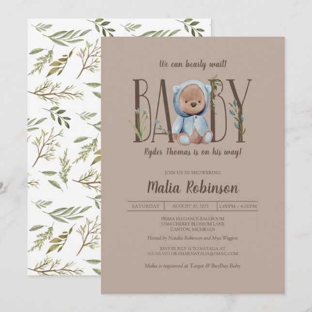 Invitation On Peut Attendre ! Blue Teddy Bear Baby shower I (Devant / Derrière)