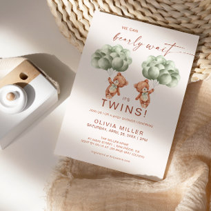Invitation On Peut Attendre Des Jumeaux Baby shower Vert Sage