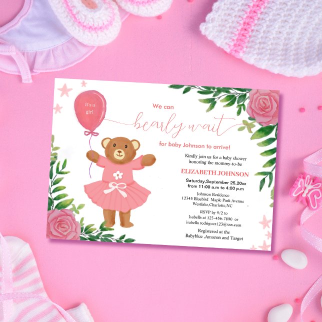 Invitation on peut attendre floral teddy girl baby shower (Créateur téléchargé)