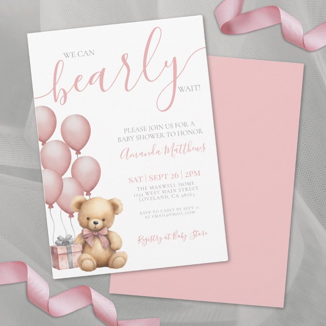 Invitation On peut attendre la fille Baby shower d'ours rose (We Can Bearly Wait Girl Pink Bear Baby Shower Invitation )