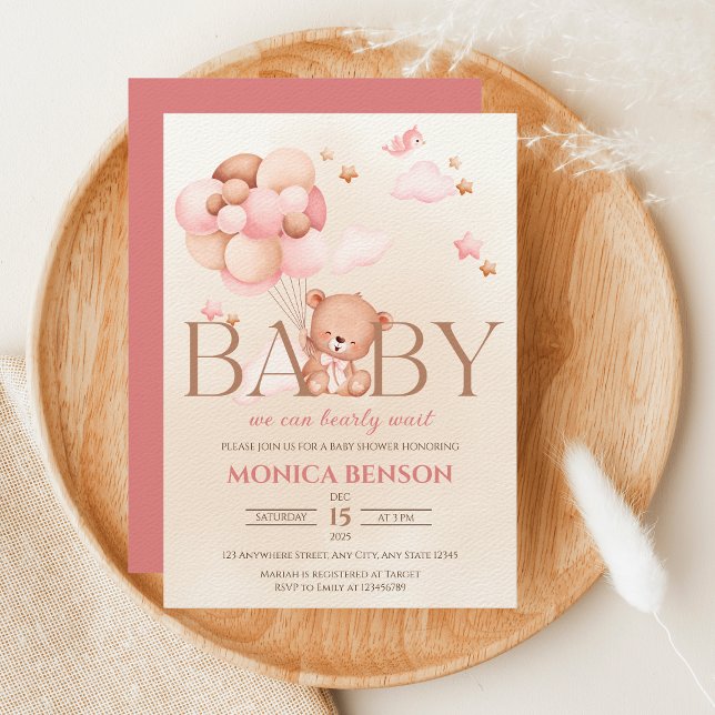 Invitation On peut attendre la fille rose Baby shower beige (Créateur téléchargé)