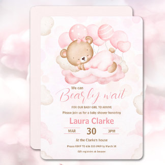 Invitation On peut attendre la fille rose Baby shower d'ours