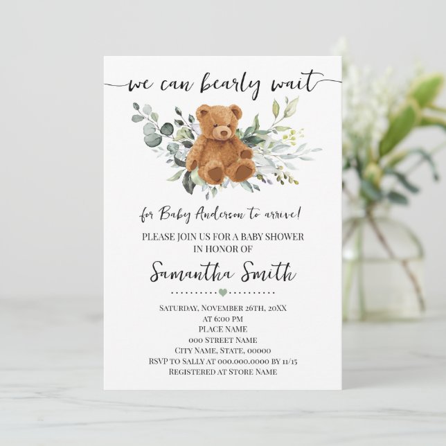 Invitation On peut attendre la verdure Baby shower Ours (Debout devant)