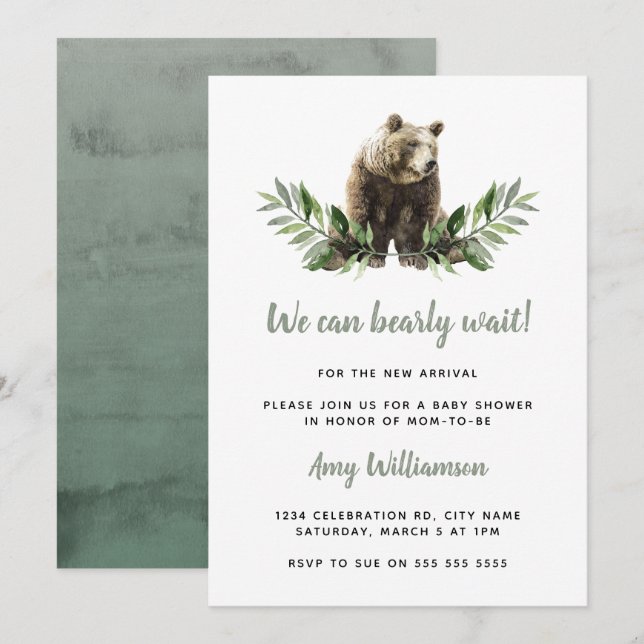 Invitation On peut attendre l'aquarelle Baby shower des bois (Devant / Derrière)