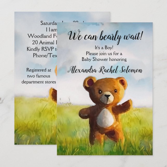 Invitation On peut attendre l'aquarelle Baby shower garçon (Devant / Derrière)