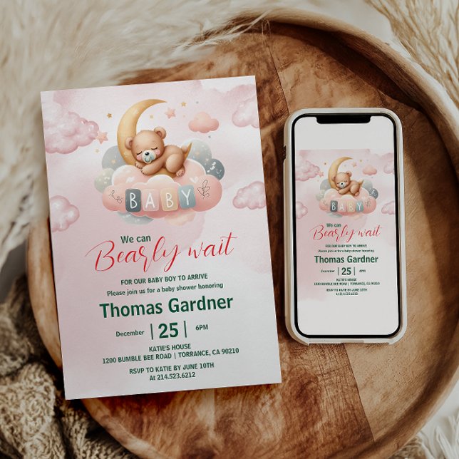 Invitation On Peut Attendre Le Baby shower À L'Ours Mignonne  (Créateur téléchargé)