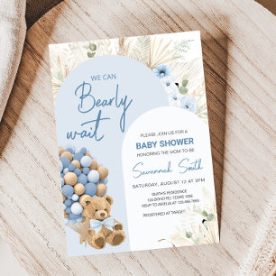 Invitation On peut attendre le Baby shower bleu