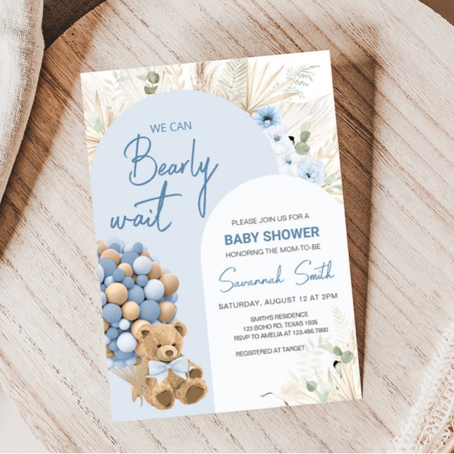 Invitation On peut attendre le Baby shower bleu (Boho Blue Bear Baby Shower Invitation)
