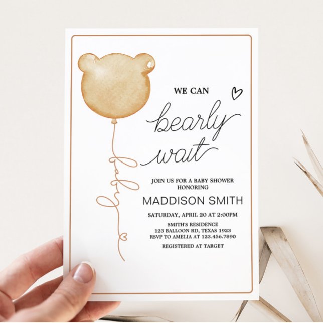Invitation On peut attendre le Baby shower de ballon Brown (Gender Neutral Minimalist Bear Baby Shower Invitation)