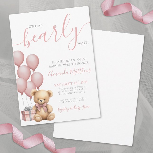 Invitation On peut attendre le Baby shower de fille d'ours ro (We Can Bearly Wait Pink Bear Girl Baby Shower Invitation)