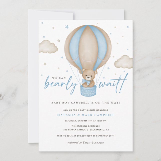 Invitation On peut attendre le Baby shower de garçon (Devant)