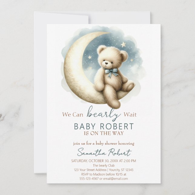 Invitation On peut attendre le baby shower de garçon (Devant)