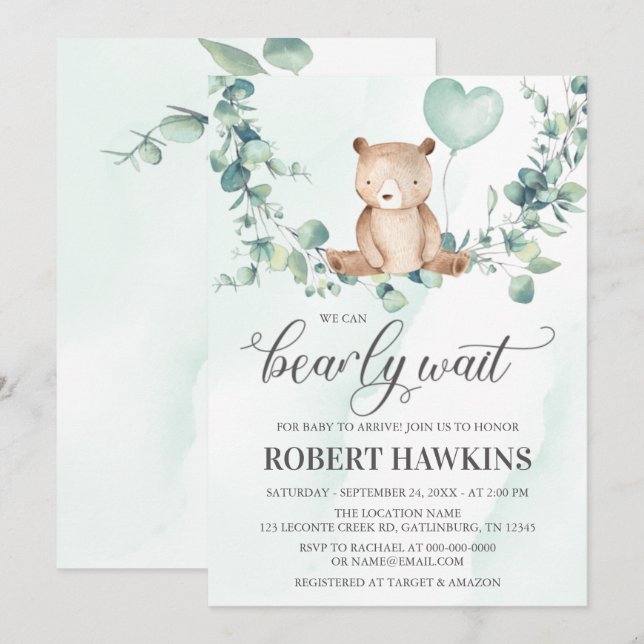 Invitation On peut attendre le Baby shower de garçon (Devant / Derrière)