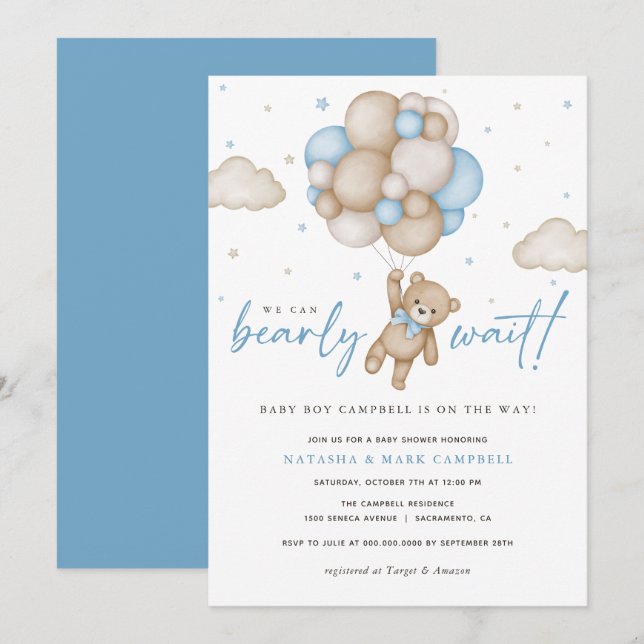 Invitation On peut attendre le Baby shower de garçon (Devant / Derrière)
