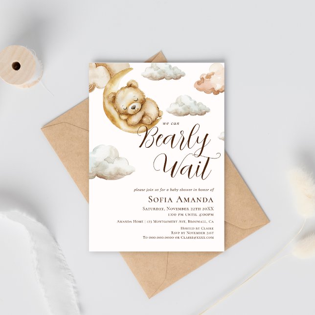 Invitation On peut attendre le Baby shower de la lune nuageus (Créateur téléchargé)