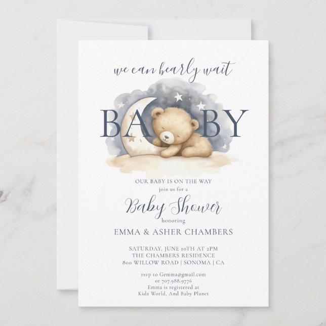 Invitation On peut attendre le Baby shower de l'ours bébé (Devant)