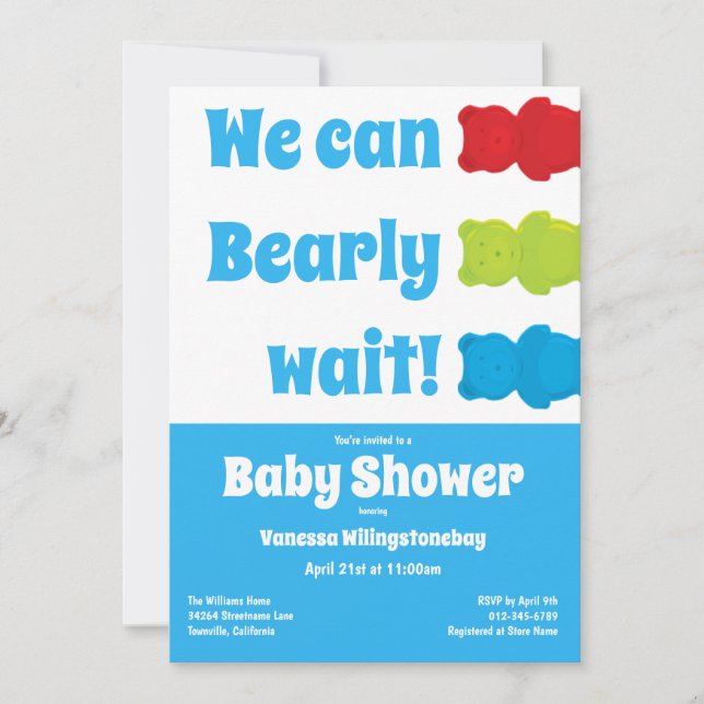 Invitation On peut attendre le Baby shower de l'Ours Bleu (Devant)