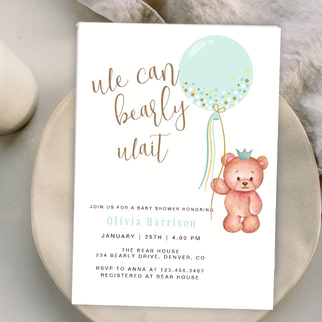 Invitation On Peut Attendre Le Baby shower D'Ours À Ballons V (We Can Bearly Wait Green Balloon Bear Baby Shower Invitation)