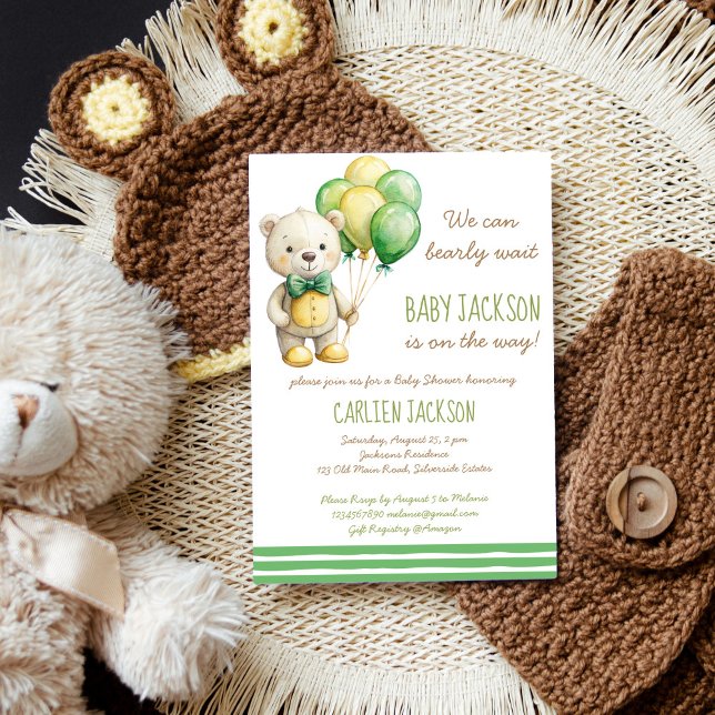 Invitation On peut attendre le baby shower d'ours en peluche  (We can bearly wait sage green teddy bear balloons gender neutral baby shower invitation template )