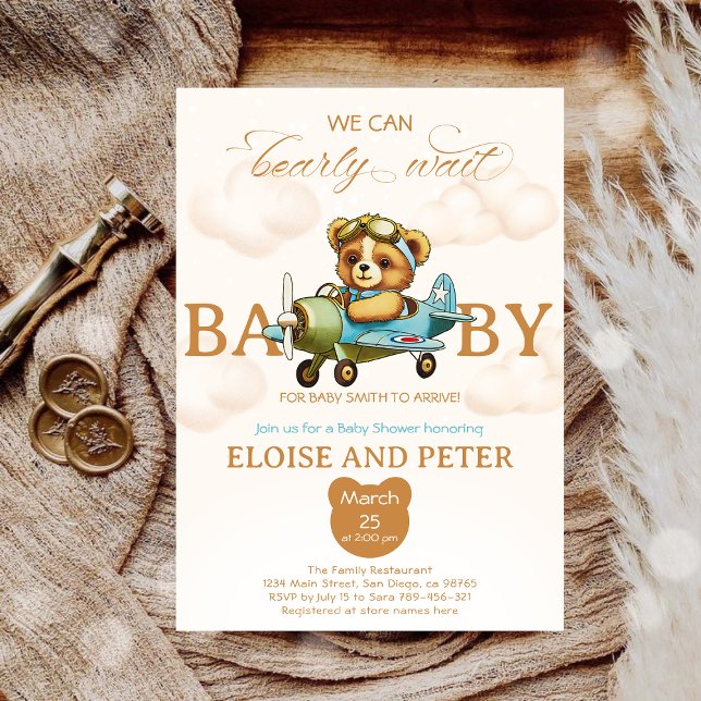 Invitation On peut attendre le baby shower pilote Teddy Bear (We can bearly wait Pilot Teddy Bear baby shower Invitation)