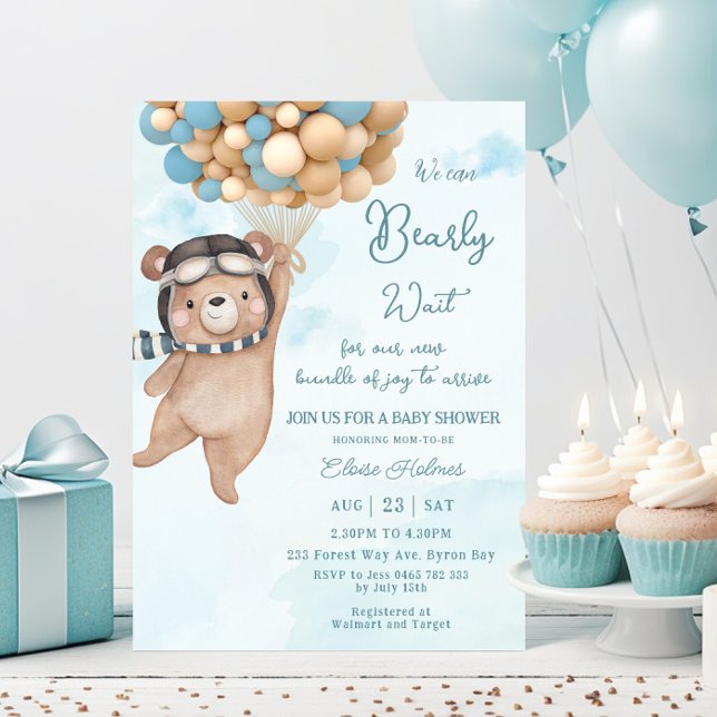 Invitation On Peut Attendre L'Ours Ballons Baby shower Garçon (Créateur téléchargé)
