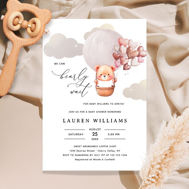 Invitation On peut attendre l'ours Élégant Baby shower fille (Créateur téléchargé)