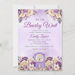 Invitation On peut attendre mignon baby shower fleuri violet