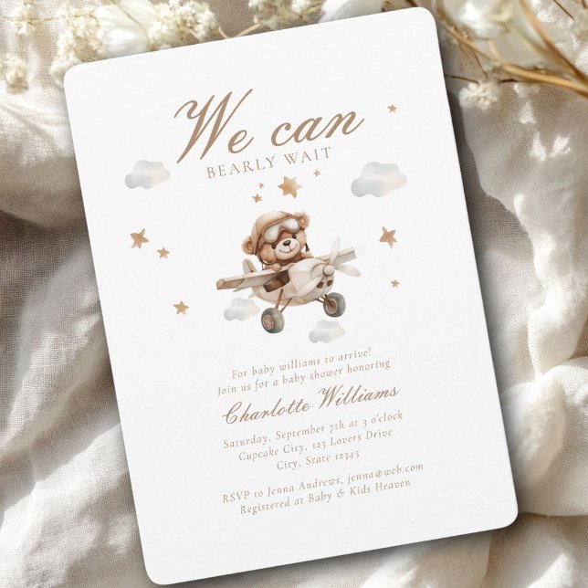 Invitation On Peut Attendre ! Ours mignon et Baby shower ordi (We Can Bearly Wait! Cute Bear & Plain Baby Shower Invitation)