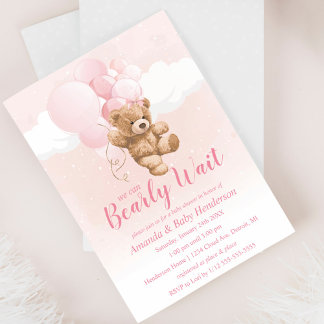 Invitation On peut attendre rose Teddy Bear Baby shower