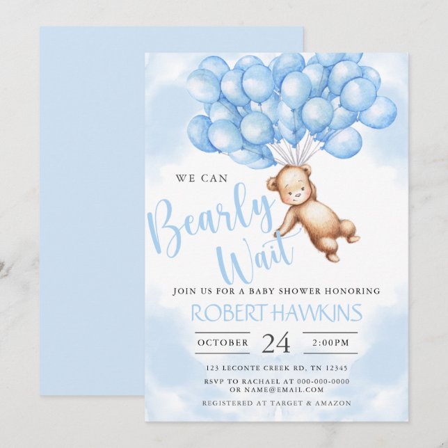 Invitation On Peut Attendre Teddy Bear Baby shower (Devant / Derrière)
