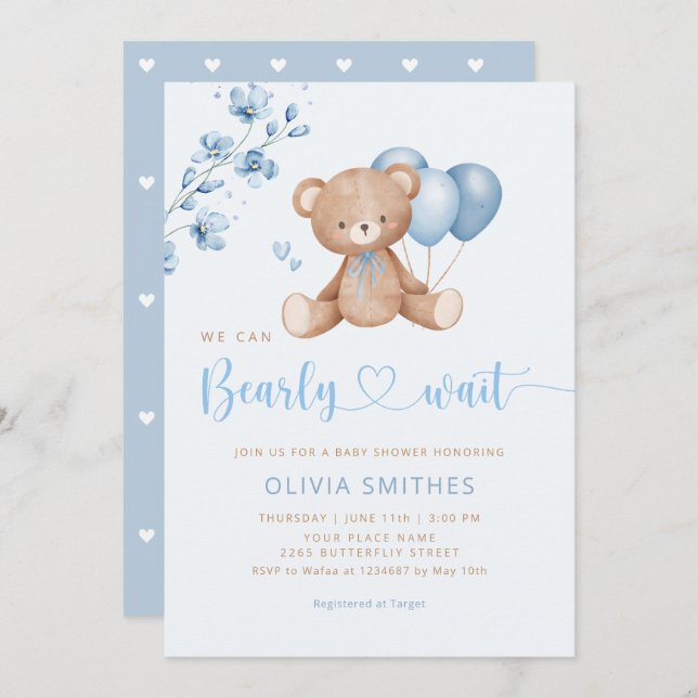 Invitation On Peut Attendre Teddy Bear Baby shower (Devant / Derrière)