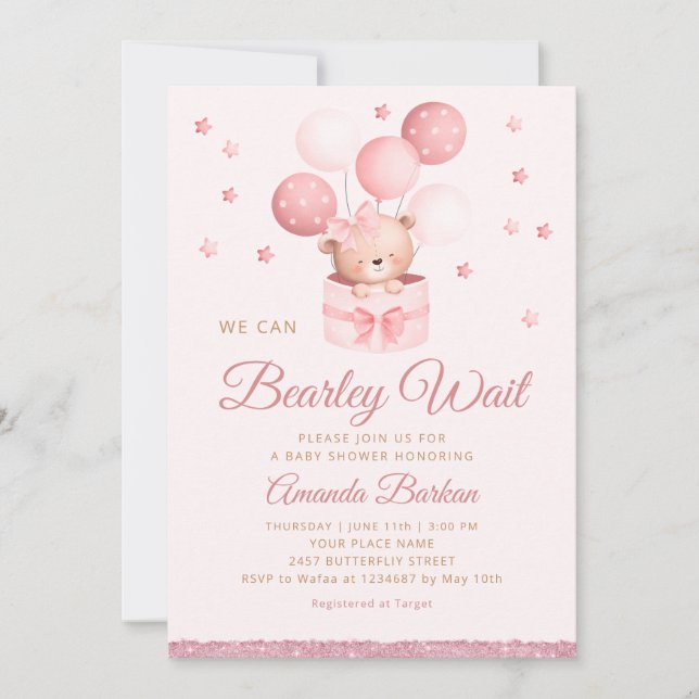Invitation On peut attendre Teddy Bear Baby shower fille (Devant)