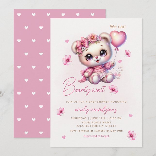 Invitation On peut attendre Teddy Bear Baby shower fille (Devant / Derrière)