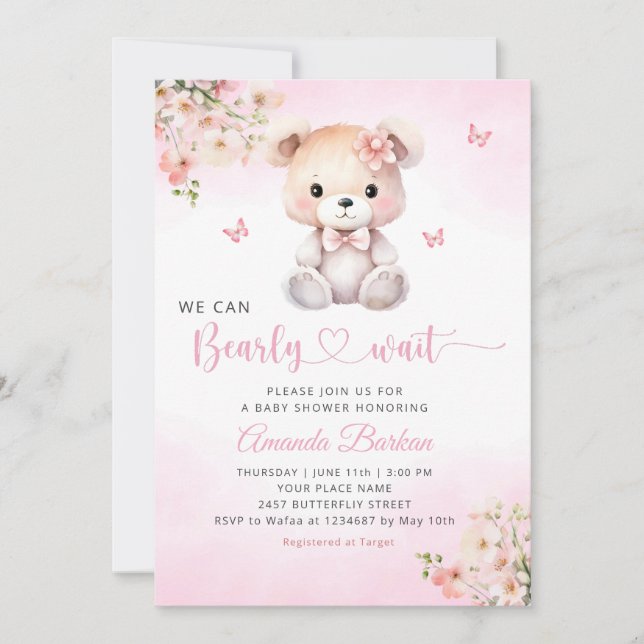 Invitation On peut attendre Teddy Bear Baby shower fille (Devant)