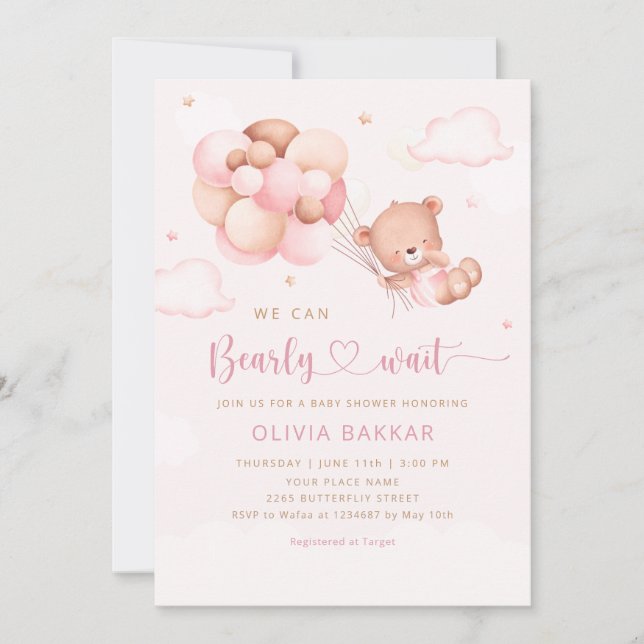 Invitation On peut attendre Teddy Bear Baby shower fille (Devant)