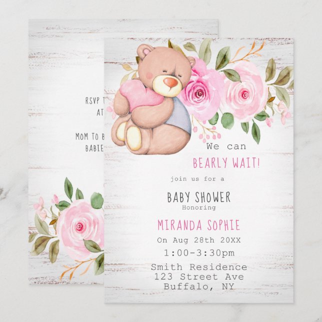 Invitation On peut attendre Teddy Bear Baby shower fille (Devant / Derrière)
