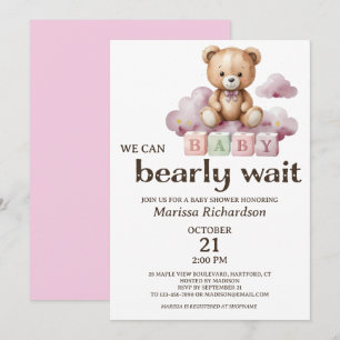 Invitation On peut attendre Teddy Bear Baby shower fille